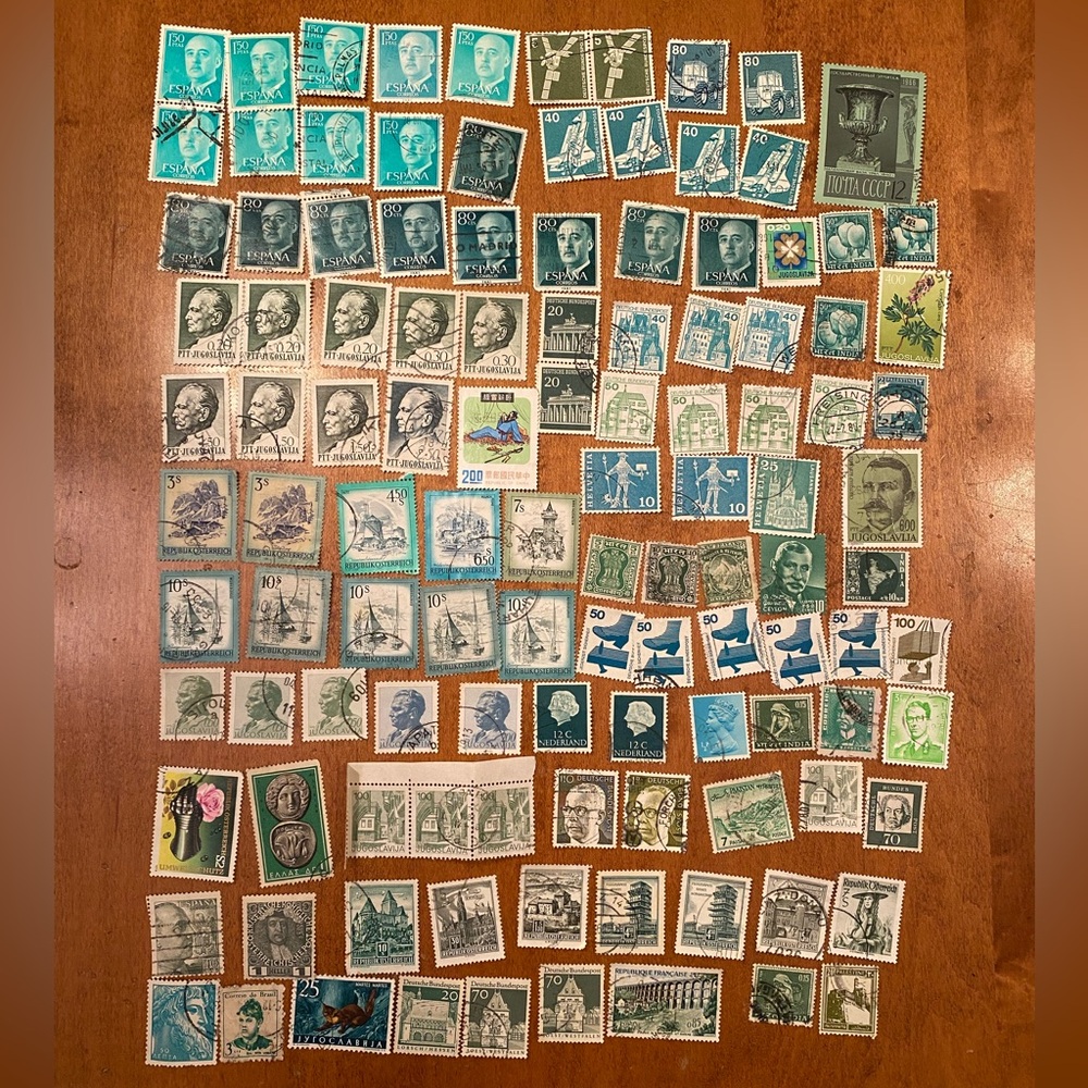 Vintage international  Postal Stamps - over 100 postmarked. Green tones #1